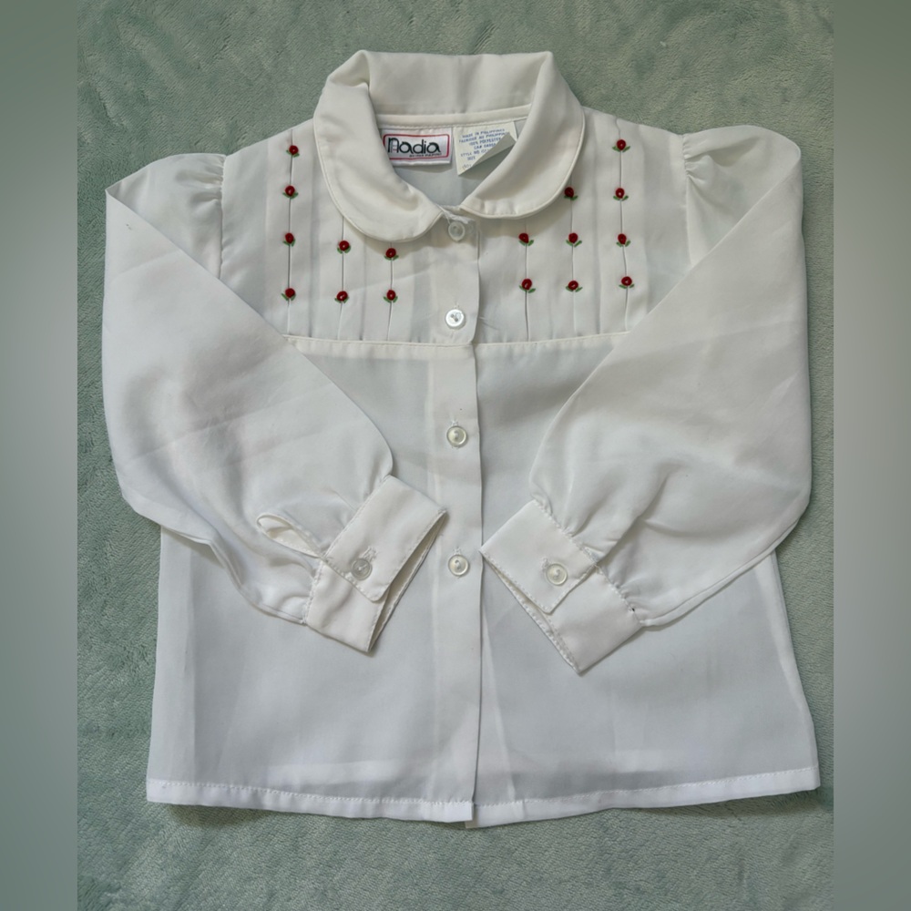 Vintage Nadia White Button Down Shirt with Red Rose Accents